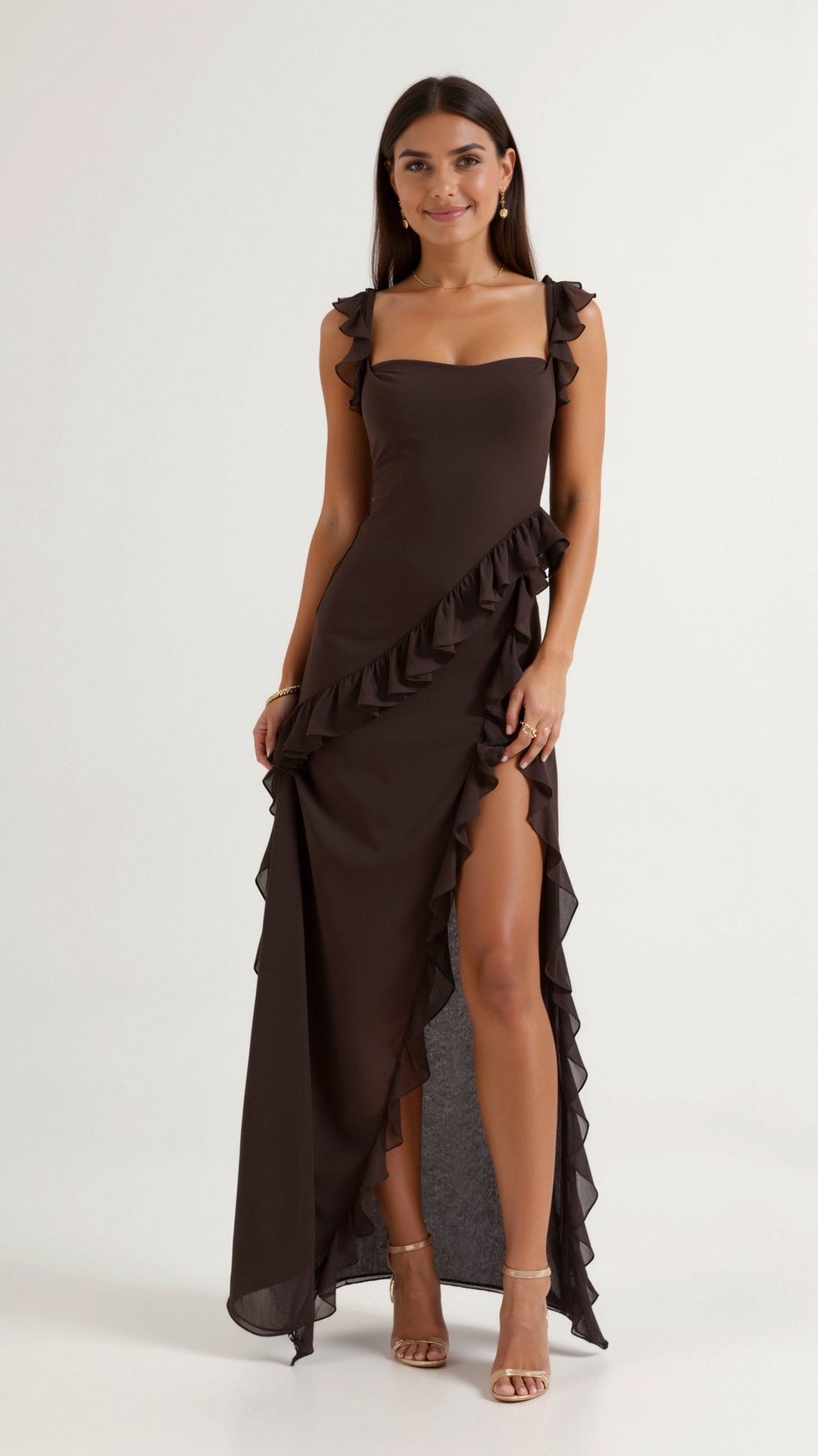 Ruffle Dress | Sleeveless Bodycon Maxi Dress with Slit-Fashion Nora