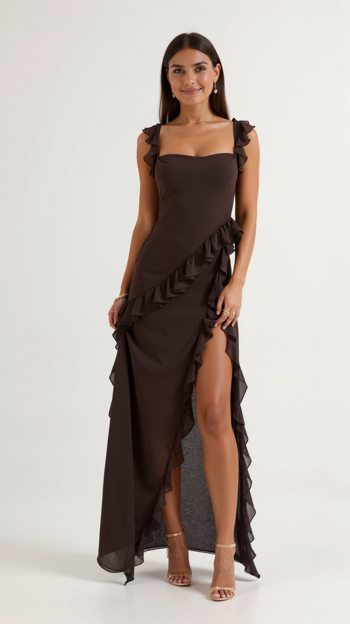 Ruffle Dress | Sleeveless Bodycon Maxi Dress with Slit-Fashion Nora