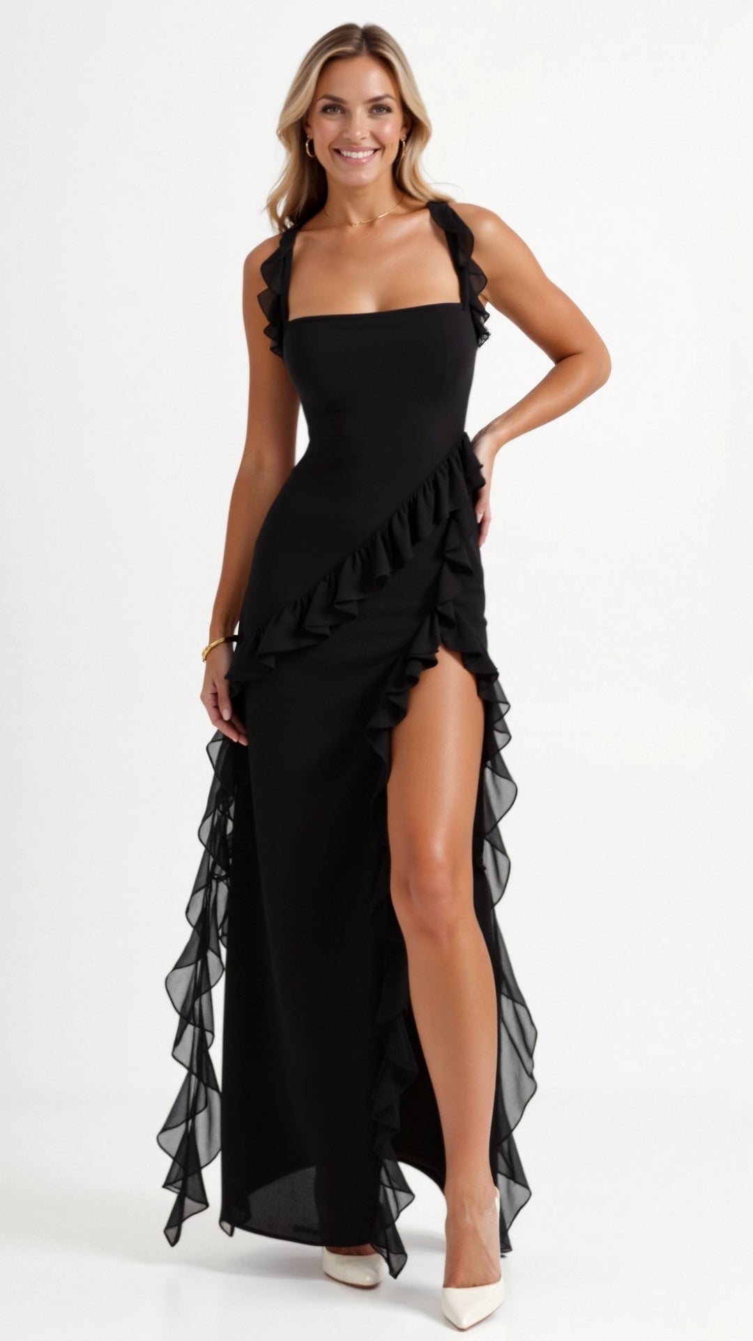 Ruffle Dress | Sleeveless Bodycon Maxi Dress with Slit-Fashion Nora