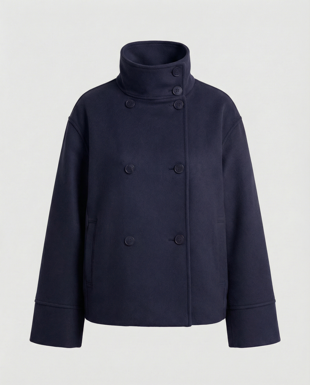 Short Double-Breasted Coat | Funnel Collar | Cotton Wool Blend-Fashion Nora