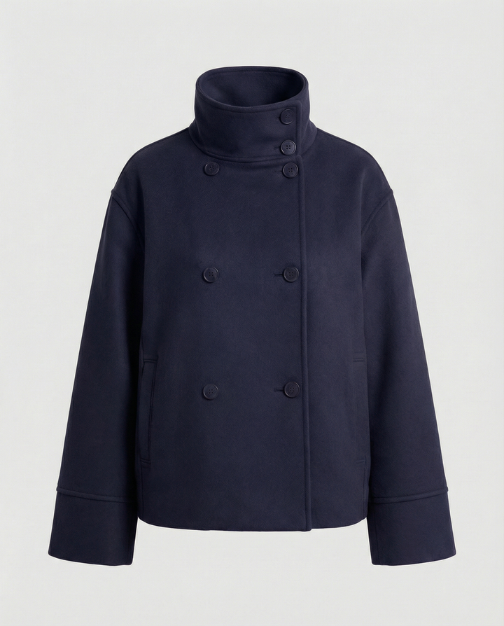 Short Double-Breasted Coat | Funnel Collar | Cotton Wool Blend-Fashion Nora