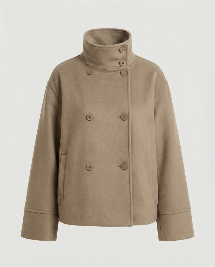 Short Double-Breasted Coat | Funnel Collar | Cotton Wool Blend-Fashion Nora