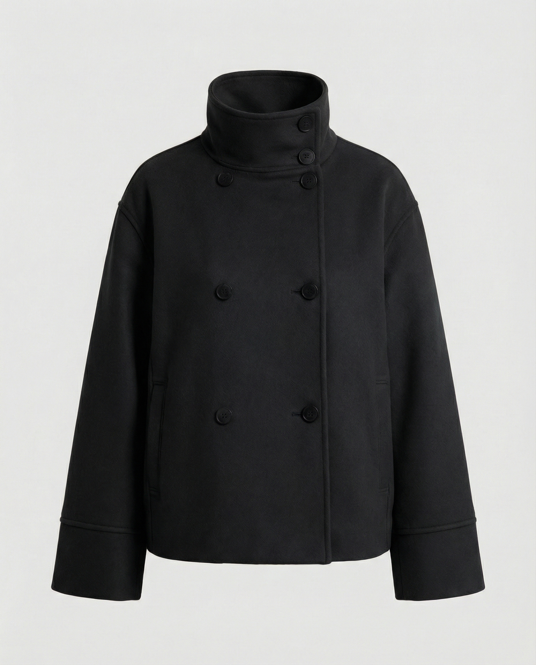 Short Double-Breasted Coat | Funnel Collar | Cotton Wool Blend-Fashion Nora