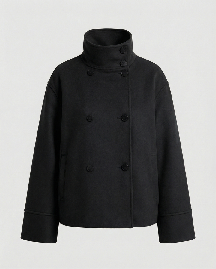 Short Double-Breasted Coat | Funnel Collar | Cotton Wool Blend-Fashion Nora