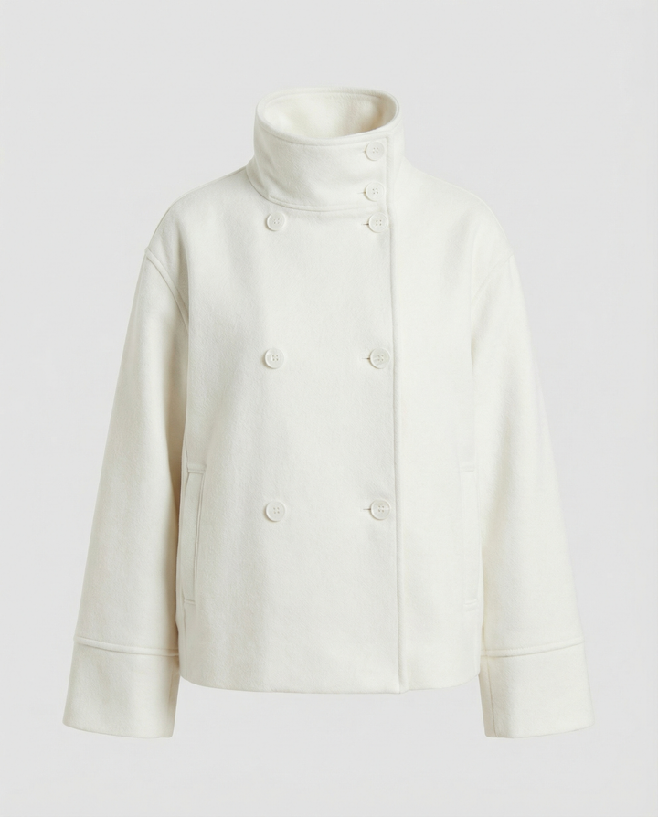 Short Double-Breasted Coat | Funnel Collar | Cotton Wool Blend-Fashion Nora