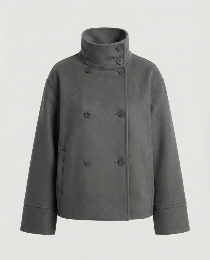 Short Double-Breasted Coat | Funnel Collar | Cotton Wool Blend-Fashion Nora