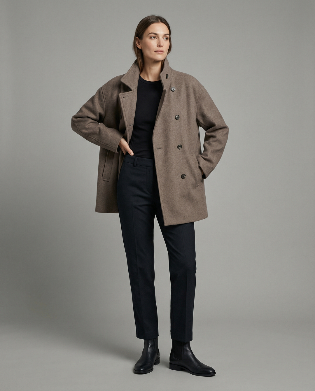 Short Double-Breasted Coat | Funnel Collar | Cotton Wool Blend-Fashion Nora