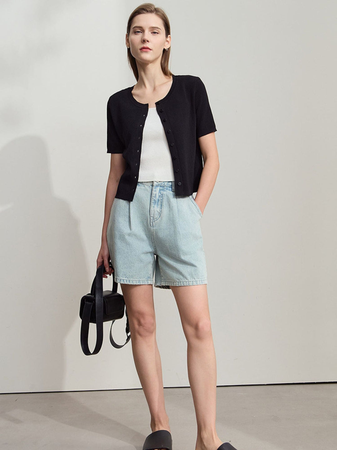 Short Sleeve Knit Top | Round Neck | Structured Knit | Button Detail-Fashion Nora