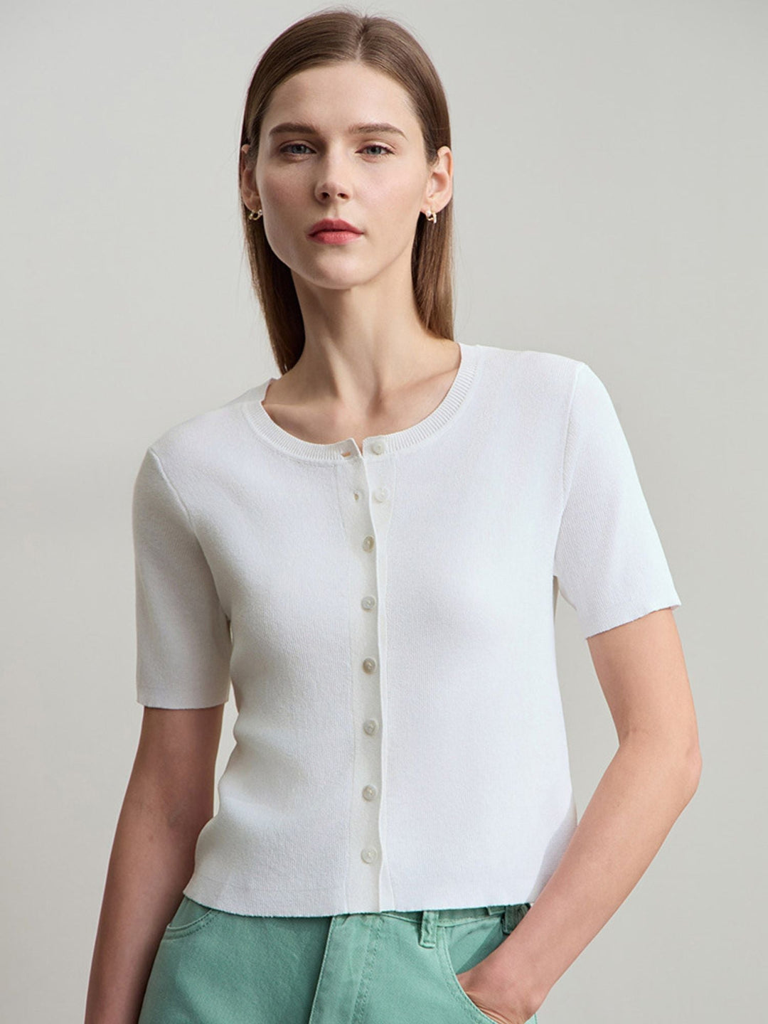 Short Sleeve Knit Top | Round Neck | Structured Knit | Button Detail-Fashion Nora