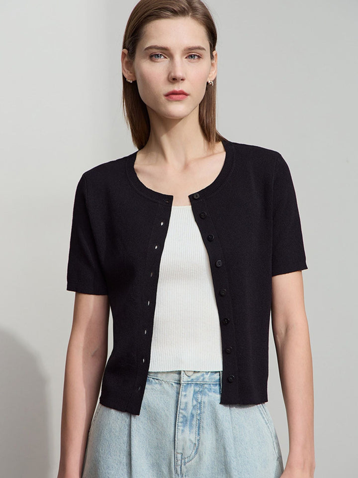 Short Sleeve Knit Top | Round Neck | Structured Knit | Button Detail-Fashion Nora