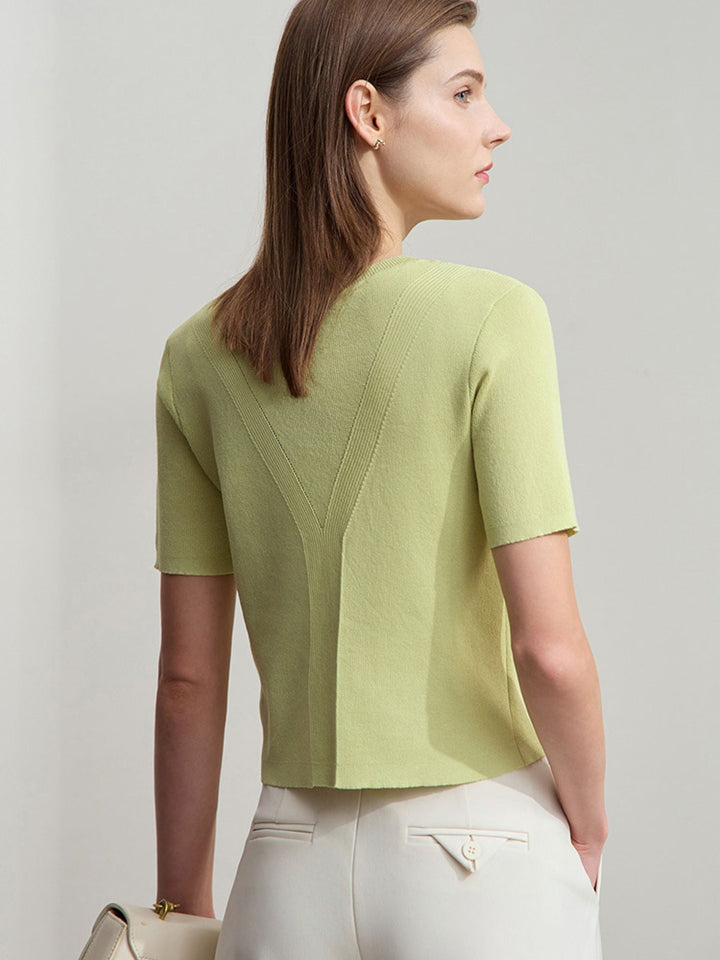 Short Sleeve Knit Top | Round Neck | Structured Knit | Button Detail-Fashion Nora