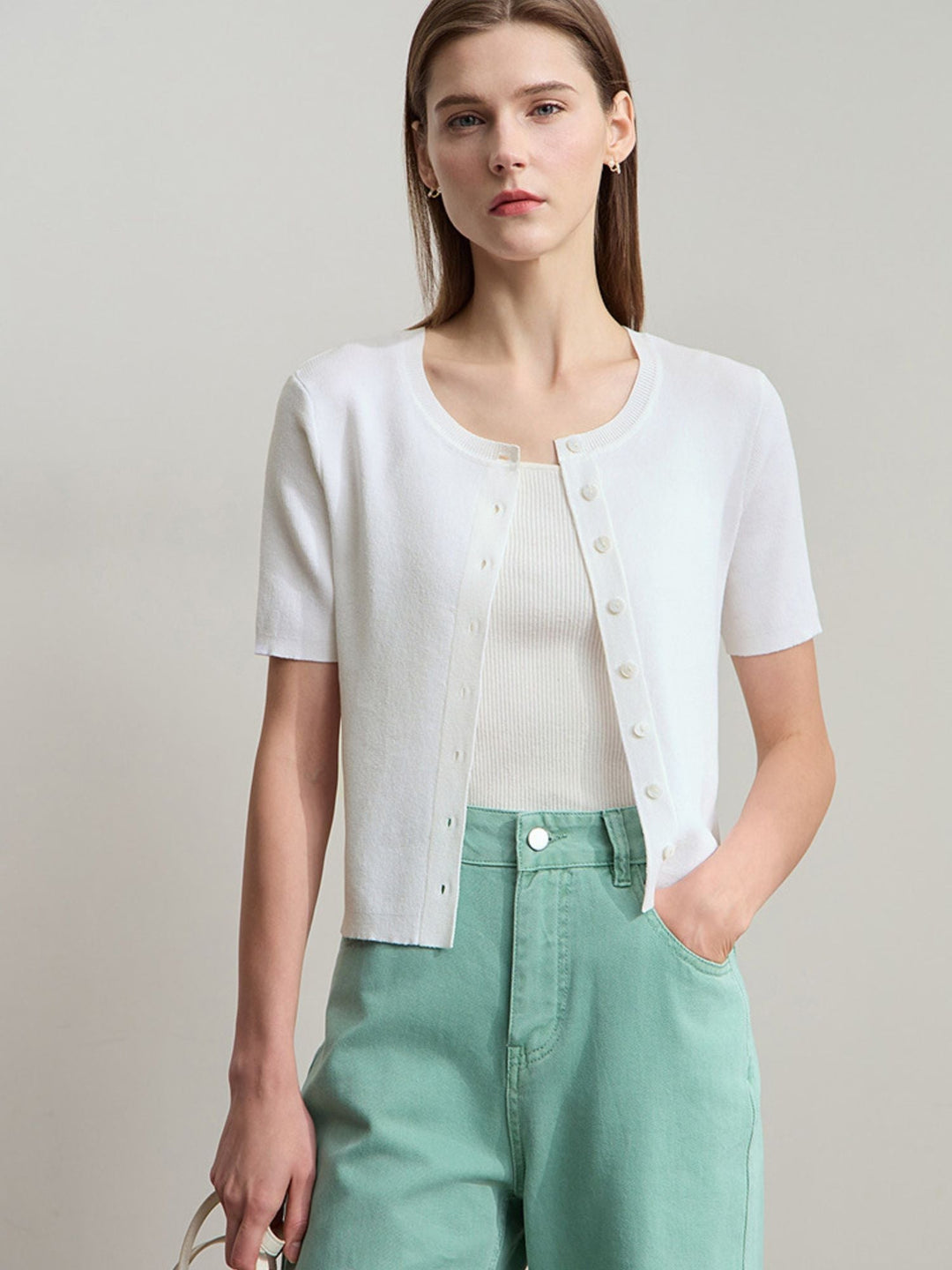 Short Sleeve Knit Top | Round Neck | Structured Knit | Button Detail-Fashion Nora