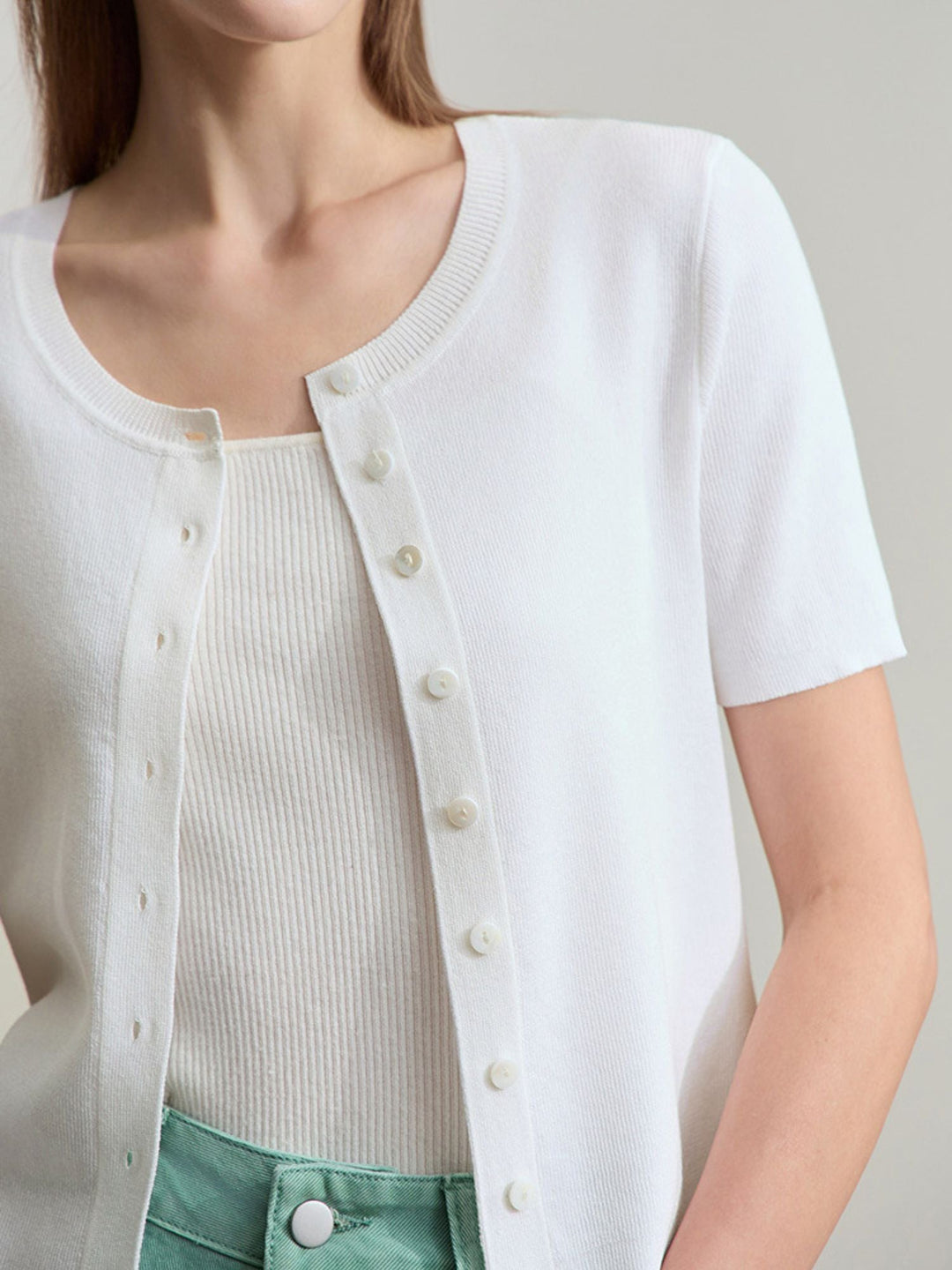 Short Sleeve Knit Top | Round Neck | Structured Knit | Button Detail-Fashion Nora