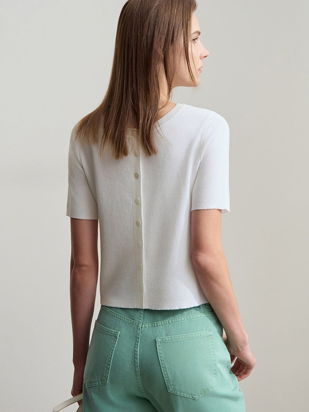 Short Sleeve Knit Top | Round Neck | Structured Knit | Button Detail-Fashion Nora
