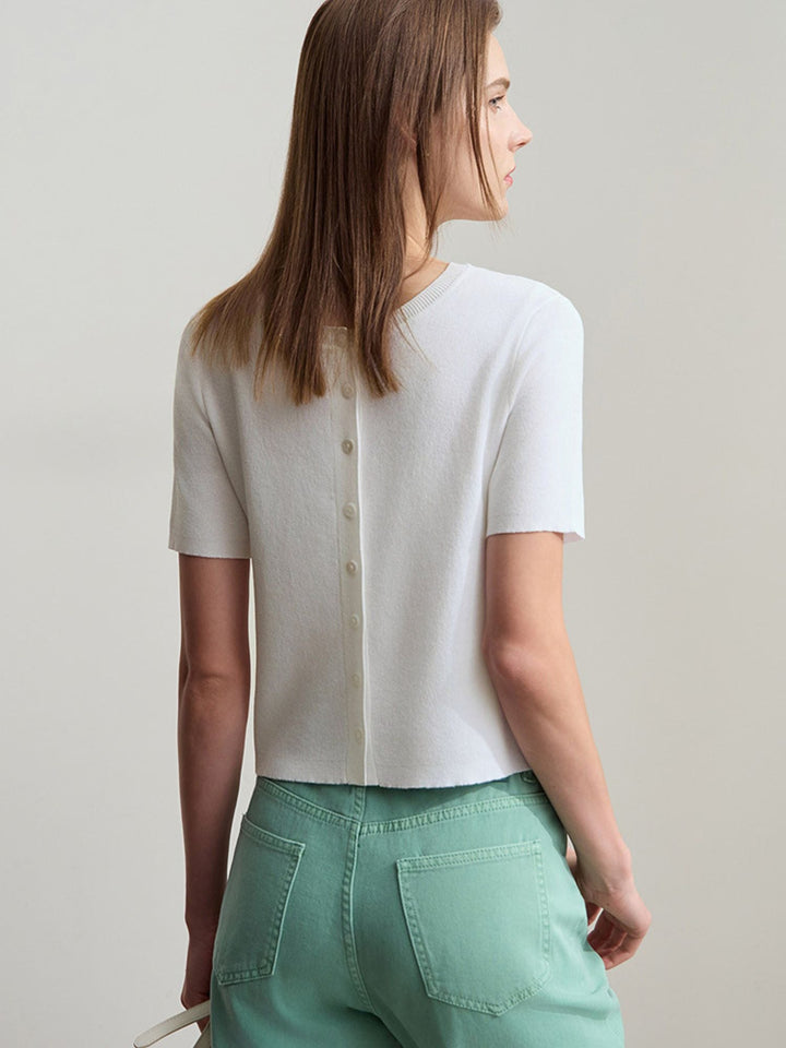 Short Sleeve Knit Top | Round Neck | Structured Knit | Button Detail-Fashion Nora