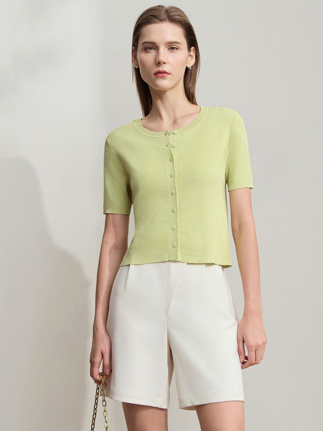 Short Sleeve Knit Top | Round Neck | Structured Knit | Button Detail-Fashion Nora