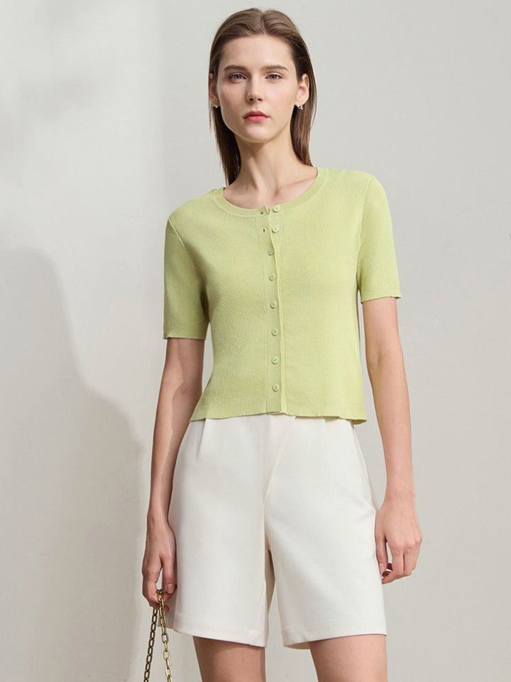 Short Sleeve Knit Top | Round Neck | Structured Knit | Button Detail-Fashion Nora