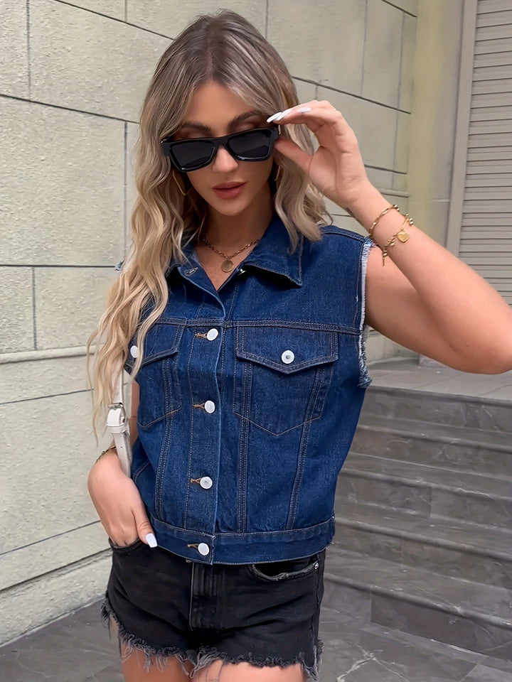 Sleeveless Denim Jacket | Patch Pockets | Classic Vest-Fashion Nora