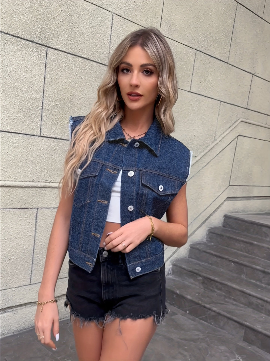 Sleeveless Denim Jacket | Patch Pockets | Classic Vest-Fashion Nora
