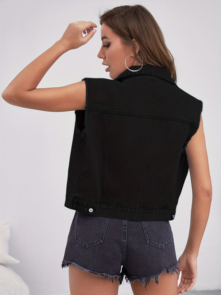 Sleeveless Denim Jacket | Patch Pockets | Classic Vest-Fashion Nora