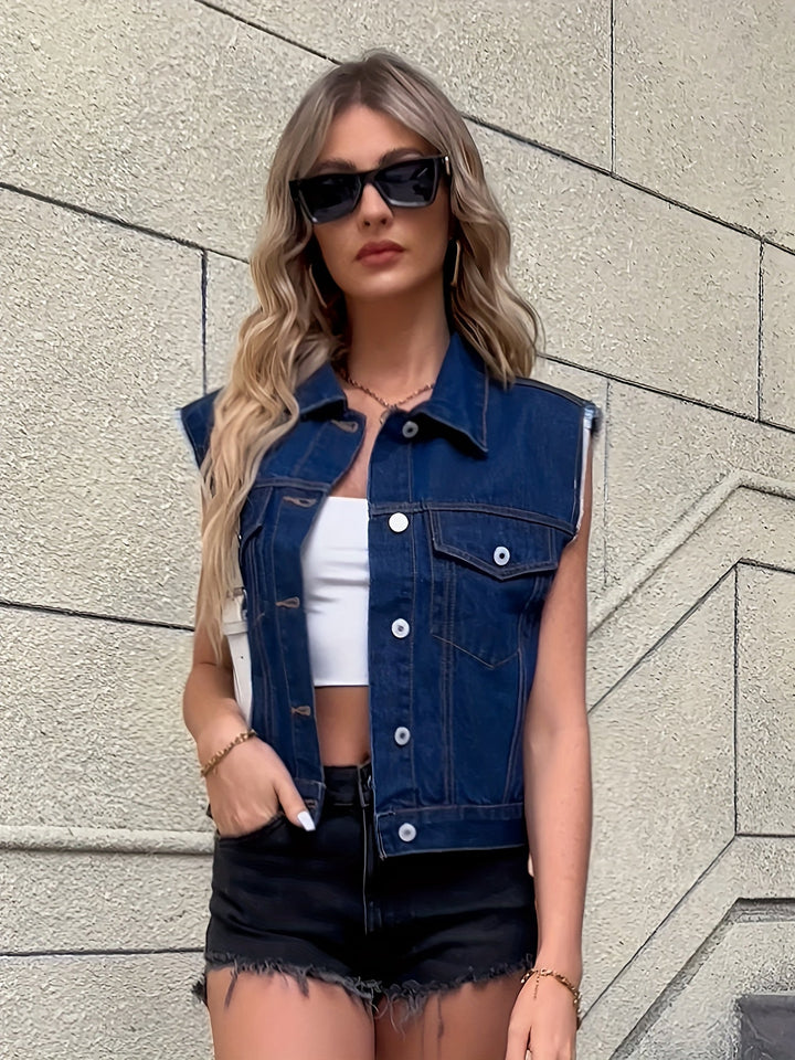 Sleeveless Denim Jacket | Patch Pockets | Classic Vest-Fashion Nora