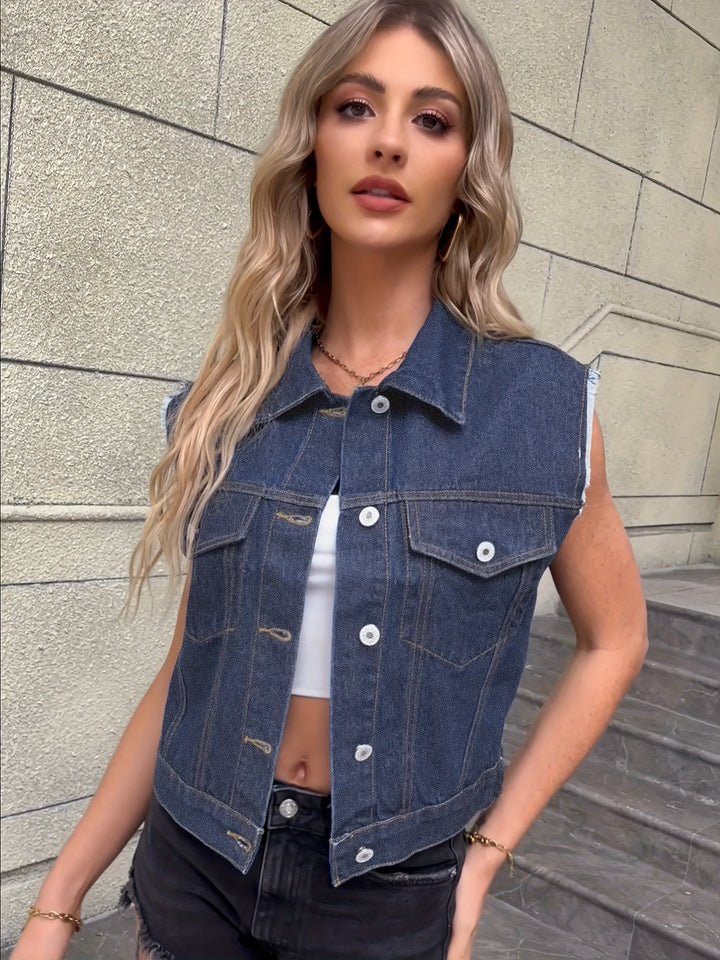 Sleeveless Denim Jacket | Patch Pockets | Classic Vest-Fashion Nora