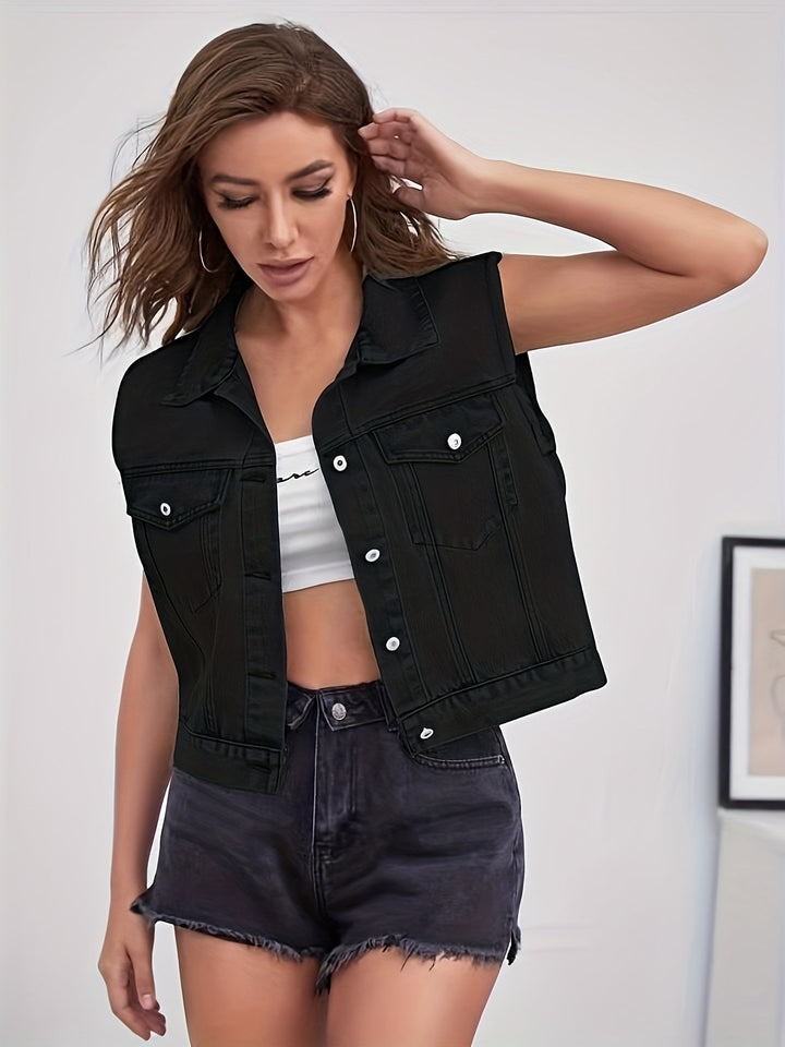 Sleeveless Denim Jacket | Patch Pockets | Classic Vest-Fashion Nora