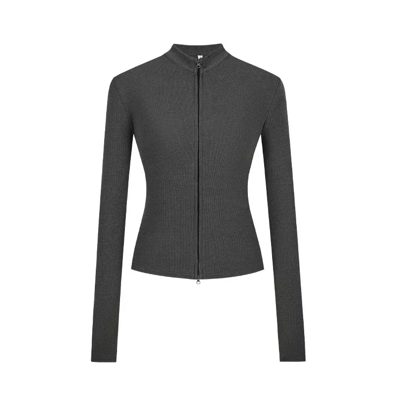 Slim Fit Knit Jacket | Double Zip | Stand Collar Cardigan-Fashion Nora