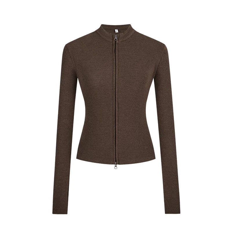 Slim Fit Knit Jacket | Double Zip | Stand Collar Cardigan-Fashion Nora