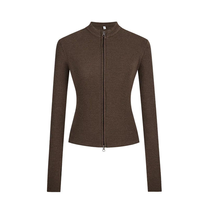 Slim Fit Knit Jacket | Double Zip | Stand Collar Cardigan-Fashion Nora