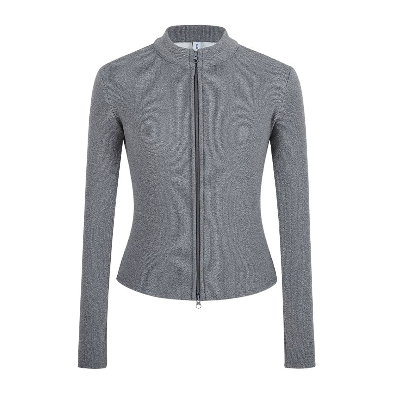 Slim Fit Knit Jacket | Double Zip | Stand Collar Cardigan-Fashion Nora