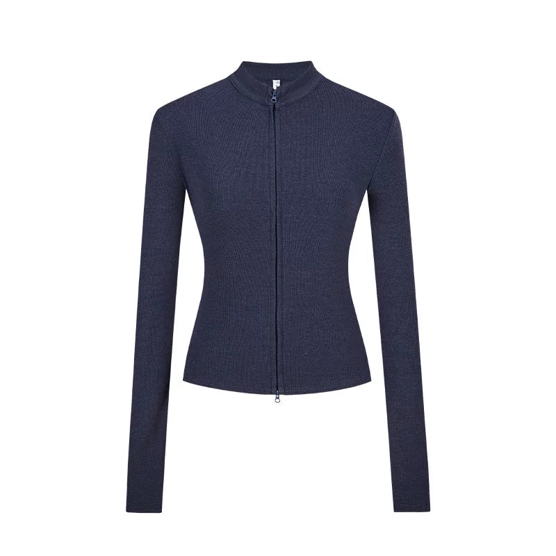 Slim Fit Knit Jacket | Double Zip | Stand Collar Cardigan-Fashion Nora