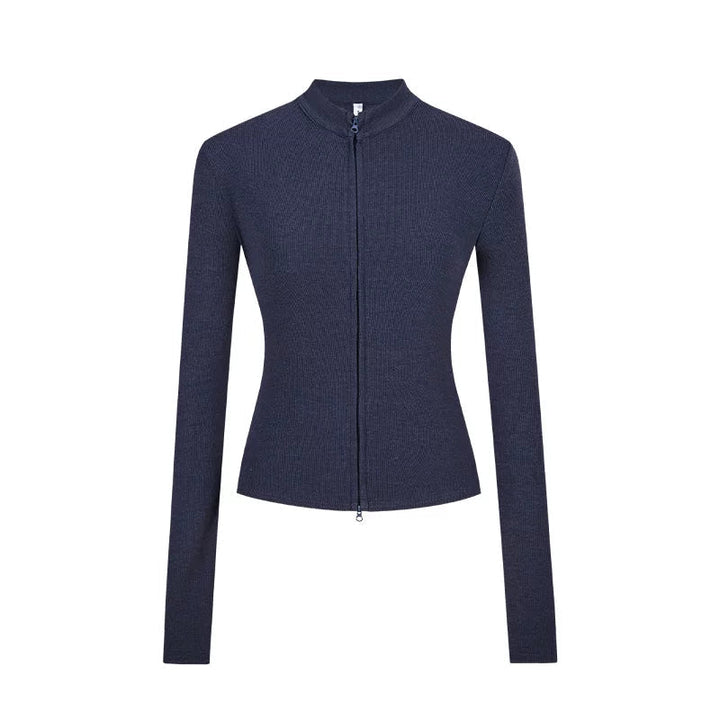 Slim Fit Knit Jacket | Double Zip | Stand Collar Cardigan-Fashion Nora