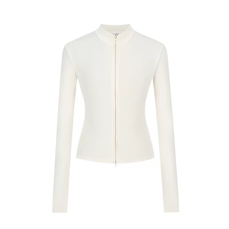 Slim Fit Knit Jacket | Double Zip | Stand Collar Cardigan-Fashion Nora