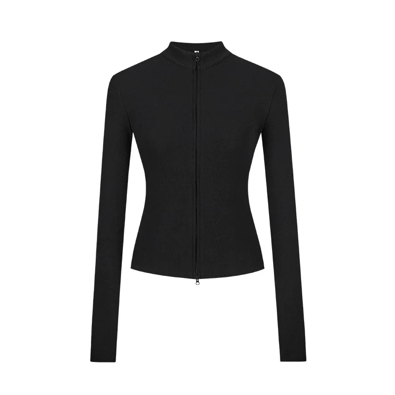 Slim Fit Knit Jacket | Double Zip | Stand Collar Cardigan-Fashion Nora