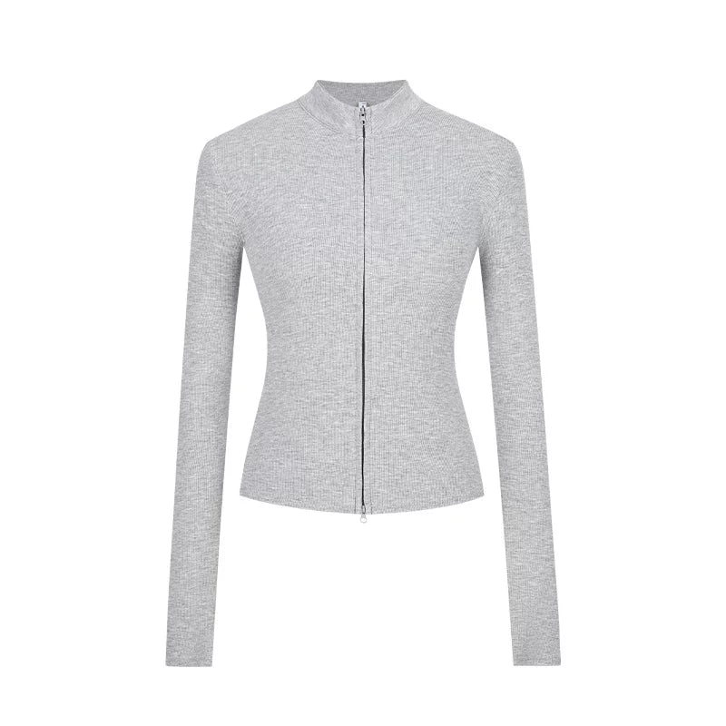 Slim Fit Knit Jacket | Double Zip | Stand Collar Cardigan-Fashion Nora