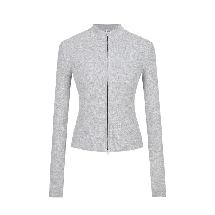 Slim Fit Knit Jacket | Double Zip | Stand Collar Cardigan-Fashion Nora