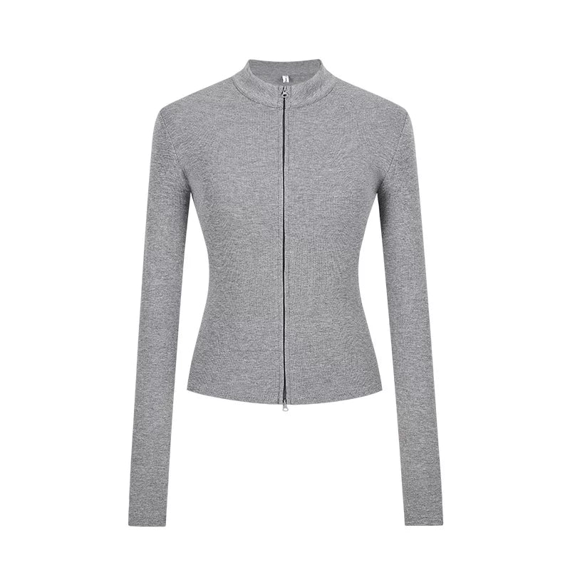 Slim Fit Knit Jacket | Double Zip | Stand Collar Cardigan-Fashion Nora