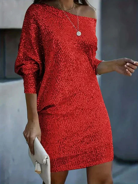 Sparkly Dress | Mini | Long Sleeve | Off-Shoulder | Evening Dress-Fashion Nora