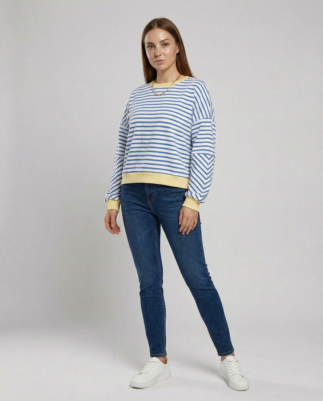 Striped Boxy Sweatshirt | Chevron Sleeves | Contrast Trims-Fashion Nora