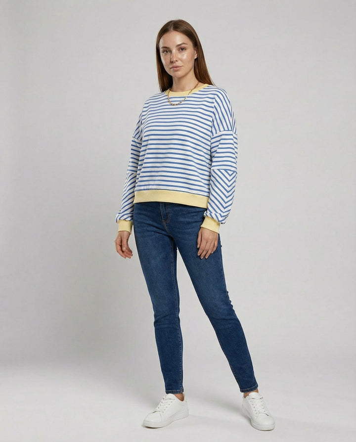 Striped Boxy Sweatshirt | Chevron Sleeves | Contrast Trims-Fashion Nora