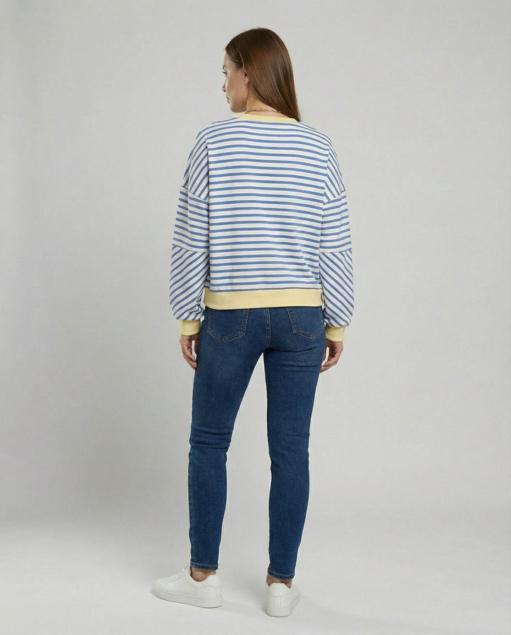 Striped Boxy Sweatshirt | Chevron Sleeves | Contrast Trims-Fashion Nora