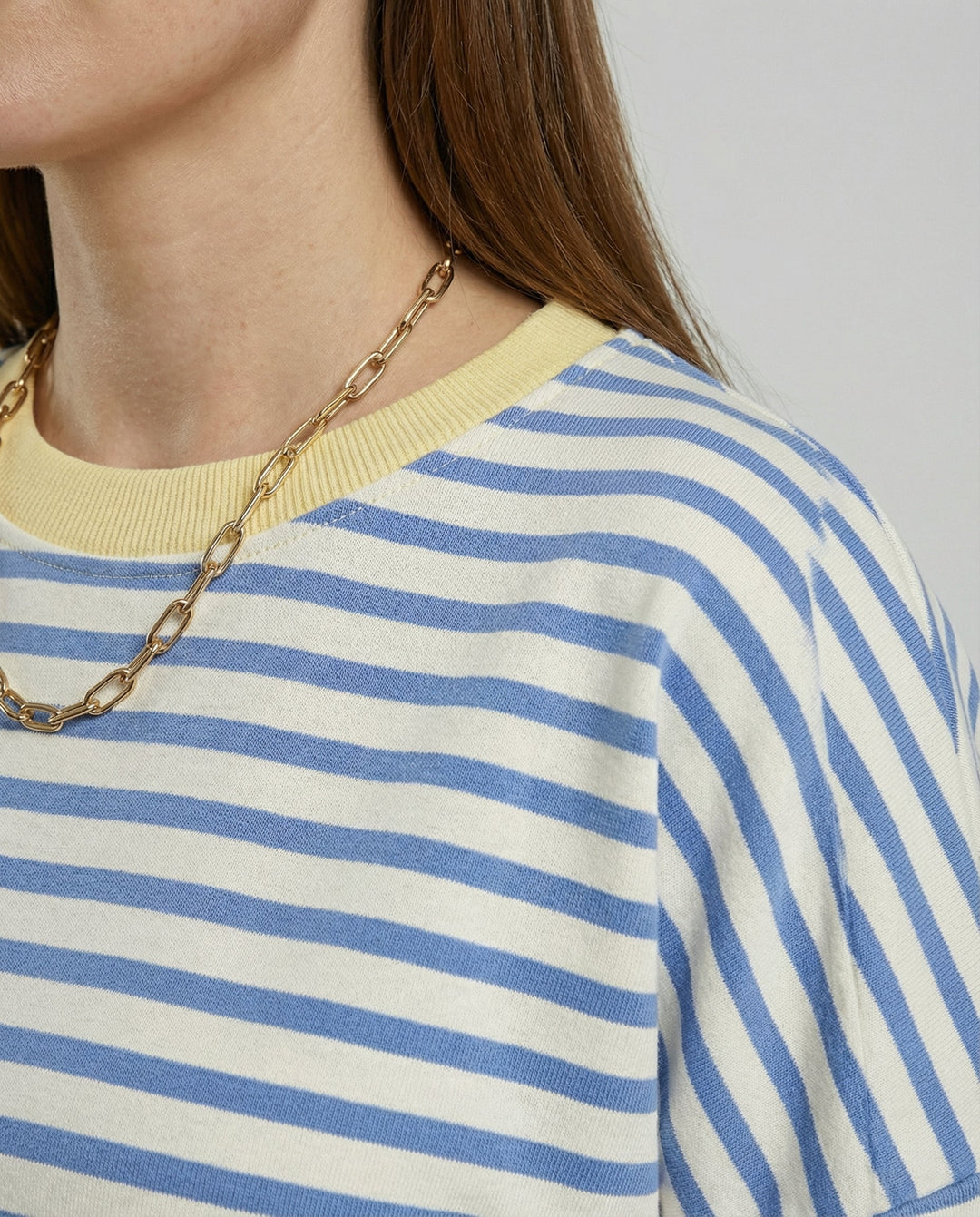 Striped Boxy Sweatshirt | Chevron Sleeves | Contrast Trims-Fashion Nora