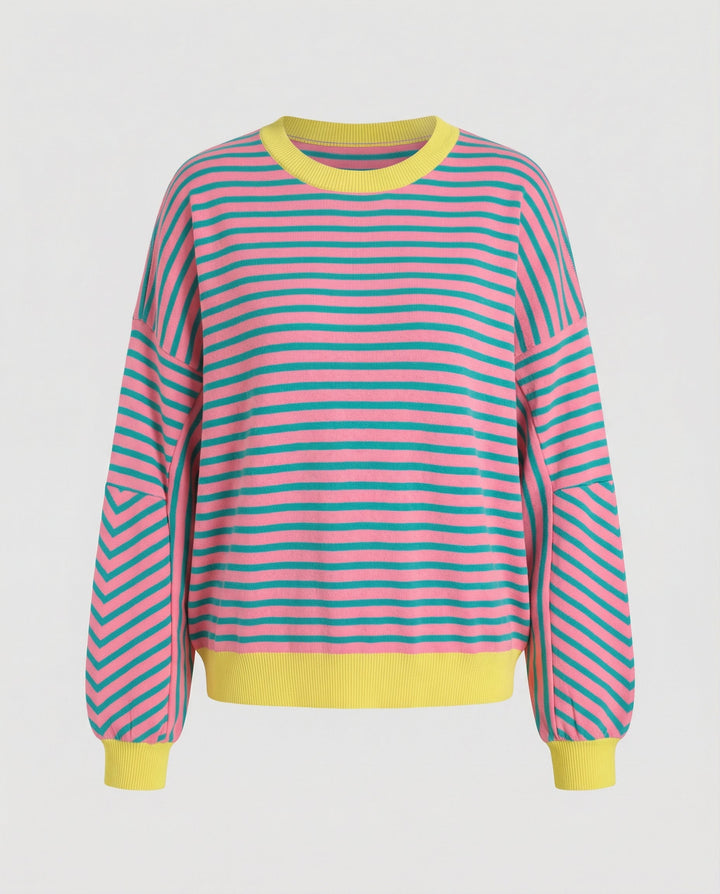 Striped Boxy Sweatshirt | Chevron Sleeves | Contrast Trims-Fashion Nora