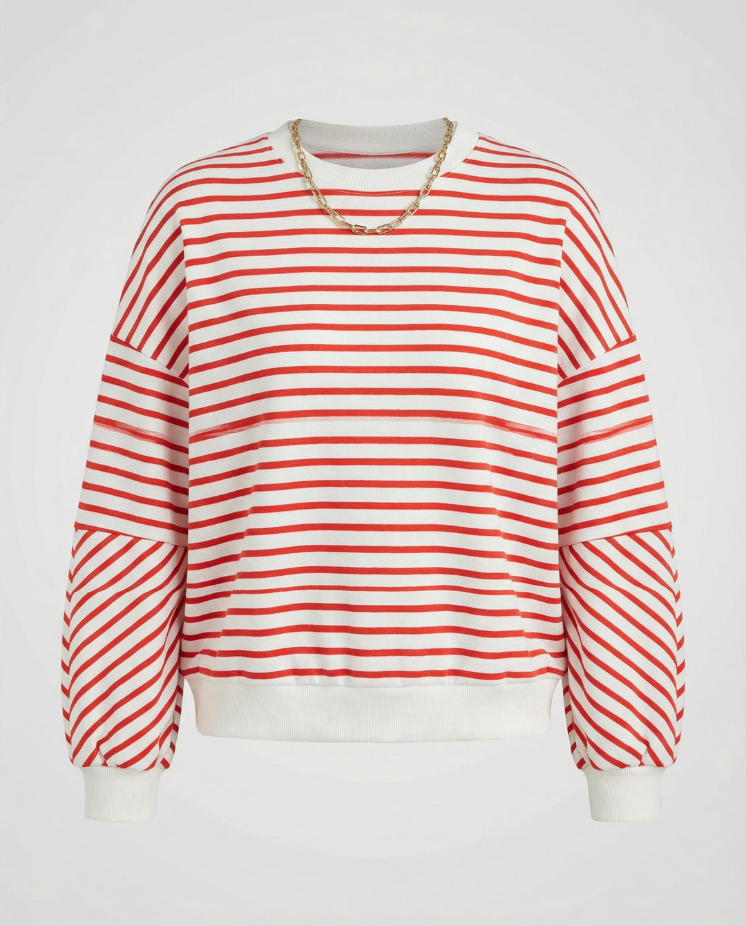 Striped Boxy Sweatshirt | Chevron Sleeves | Contrast Trims-Fashion Nora