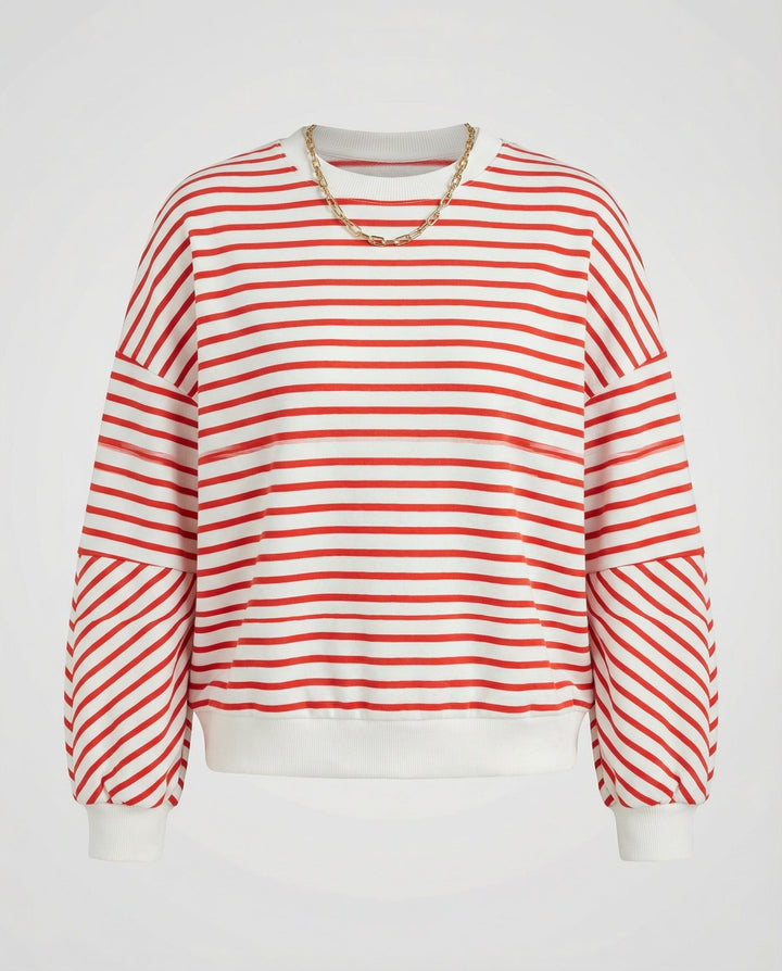 Striped Boxy Sweatshirt | Chevron Sleeves | Contrast Trims-Fashion Nora