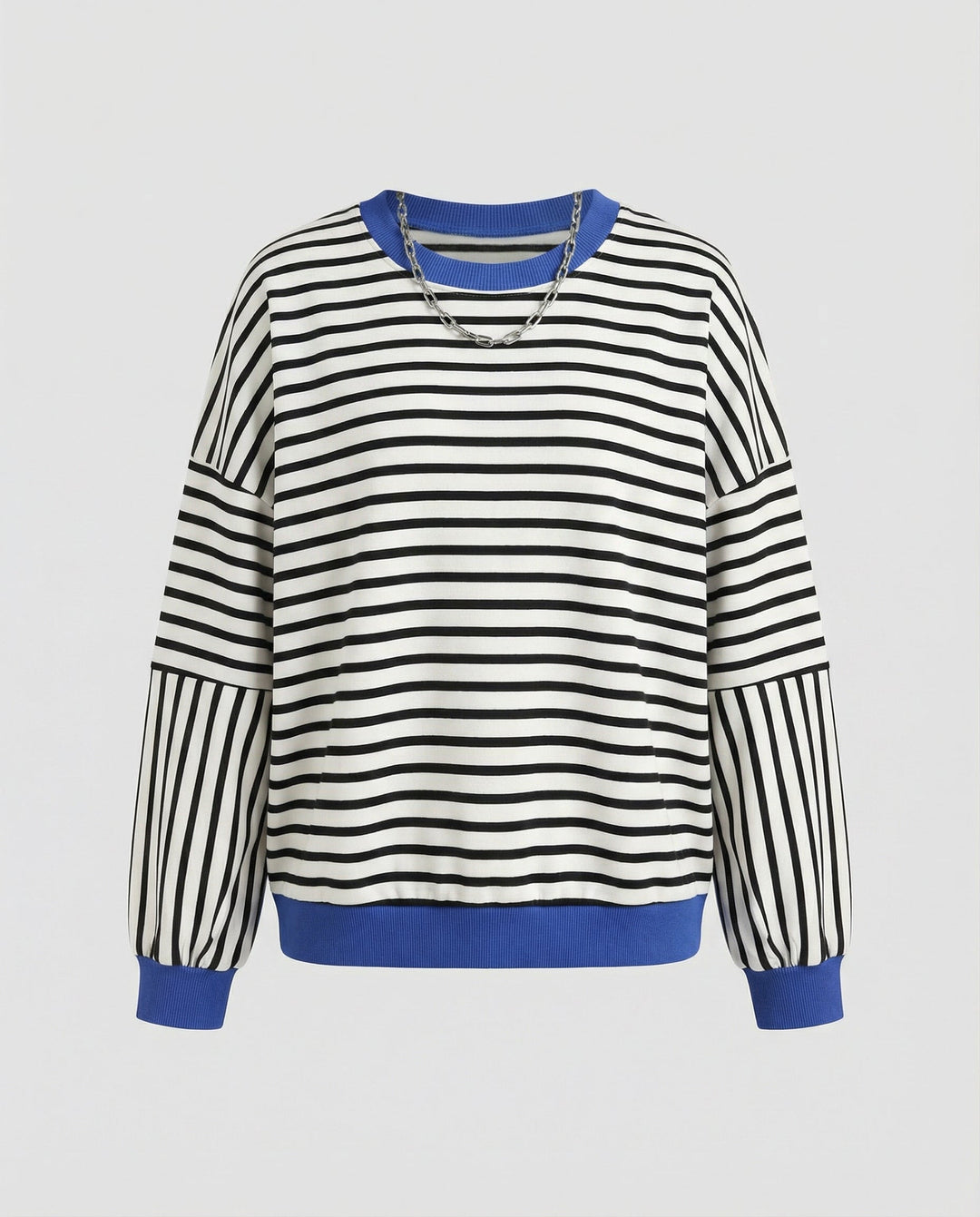 Striped Boxy Sweatshirt | Chevron Sleeves | Contrast Trims-Fashion Nora