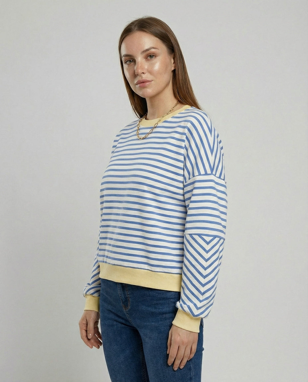 Striped Boxy Sweatshirt | Chevron Sleeves | Contrast Trims-Fashion Nora