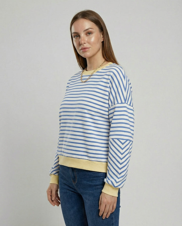 Striped Boxy Sweatshirt | Chevron Sleeves | Contrast Trims-Fashion Nora