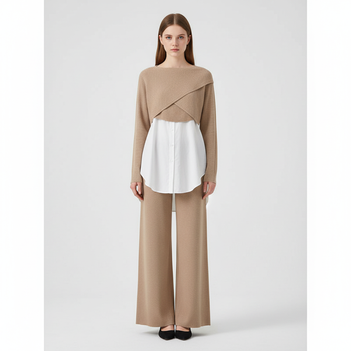 Three-Piece Set | Wide Leg Trousers | Knit Blouse and Shirt-Fashion Nora